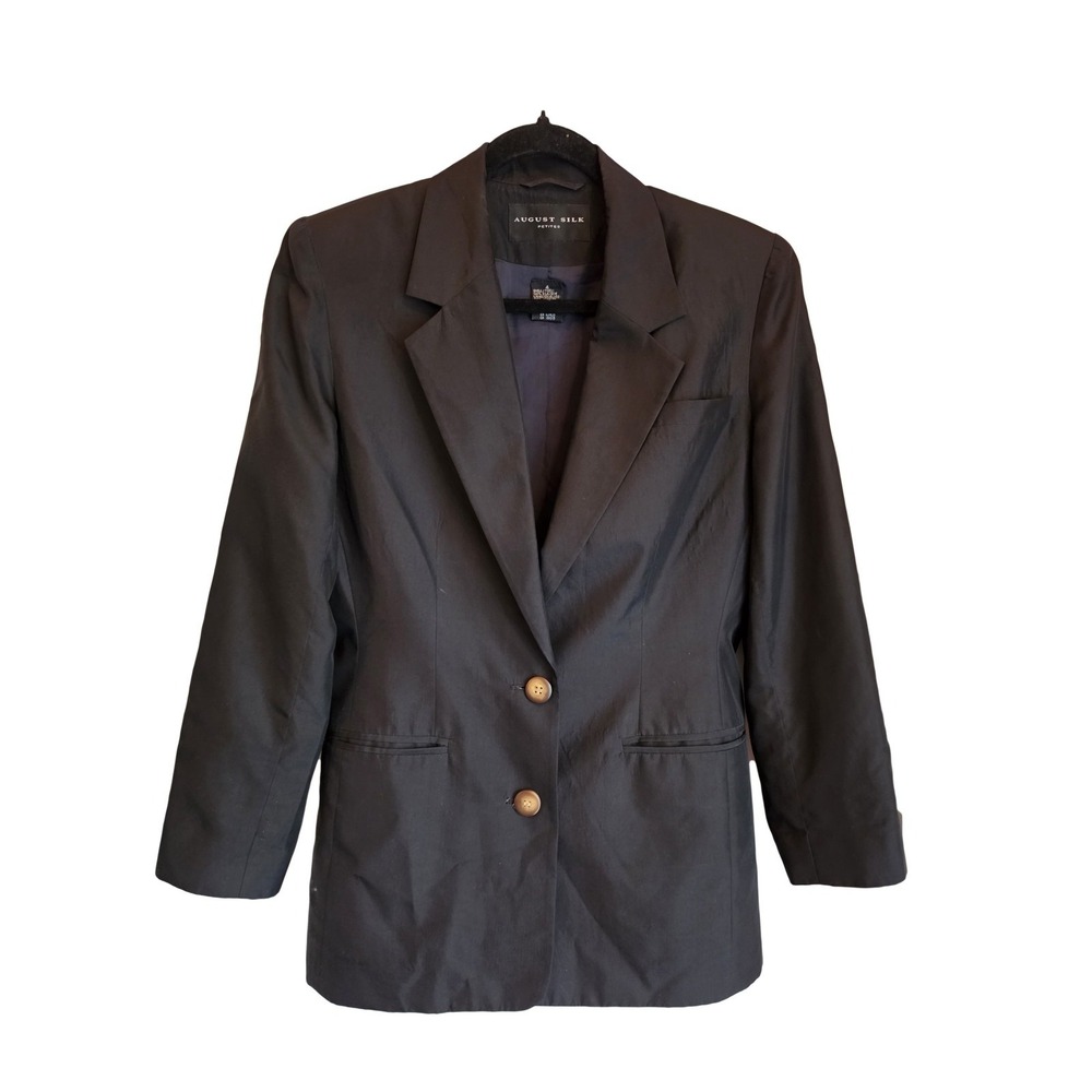 August Silk Blazer Size 4 Black 100% Business Jacket Coat Classic